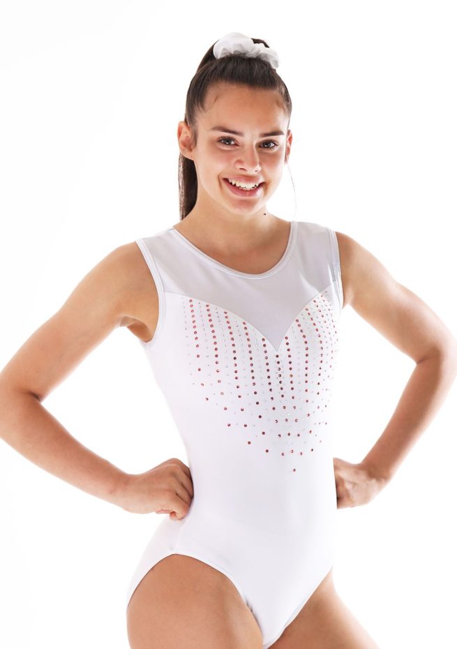 Amberly Z440 White lycra leotard with mesh and orange diamante front