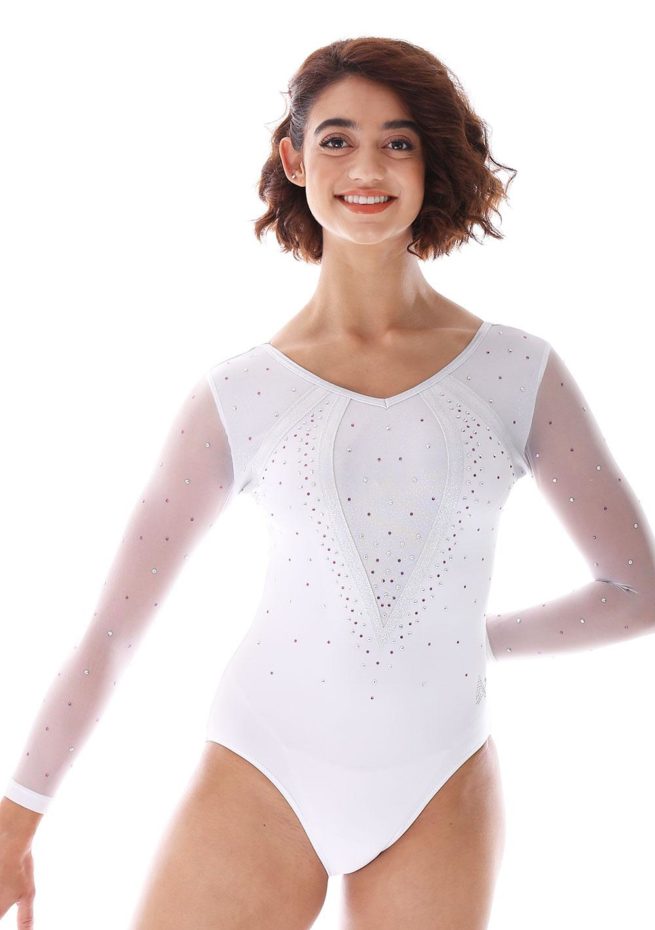 Aaliyah 486 White competition leotard with mesh and diamante 1