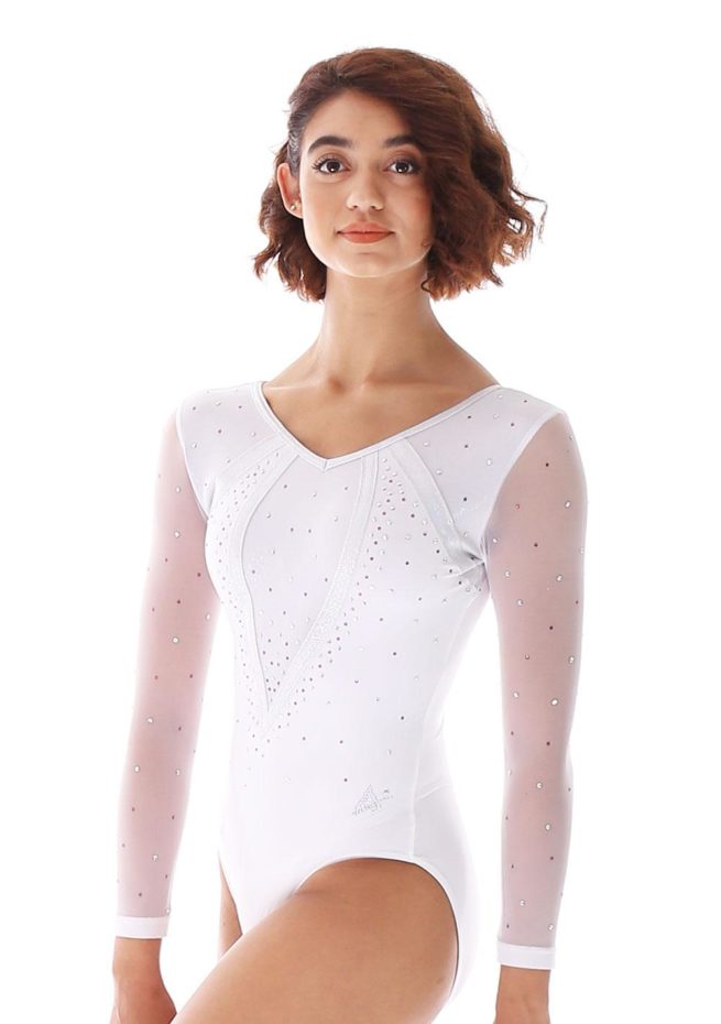 Aaliyah 486 White competition leotard with mesh and side
