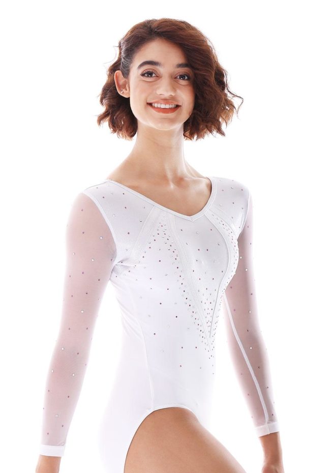 Aaliyah 486 White competition leotard with mesh and side1