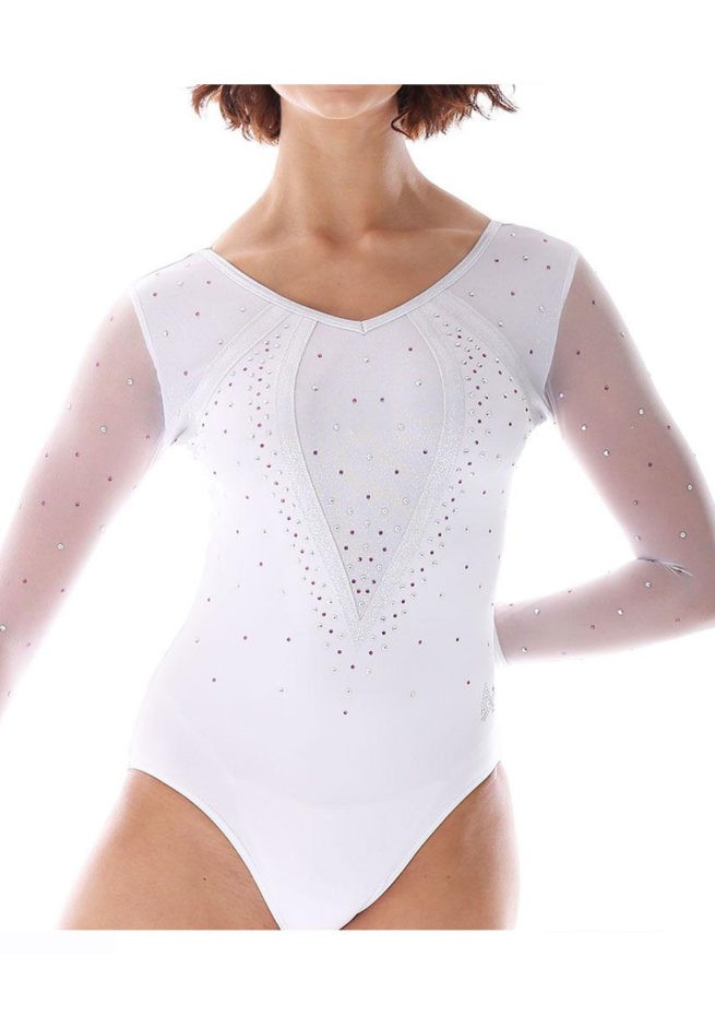 Aaliyah 486 girls White competition leotard with mesh and diamante