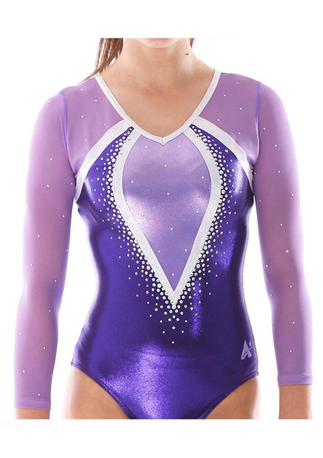 Aaliyah 486 purple mesh girls gymnastics leotard with gems
