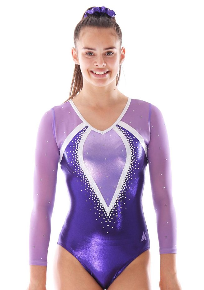 Aaliyah 486 purple mesh girls gymnastics leotard with gems front 1