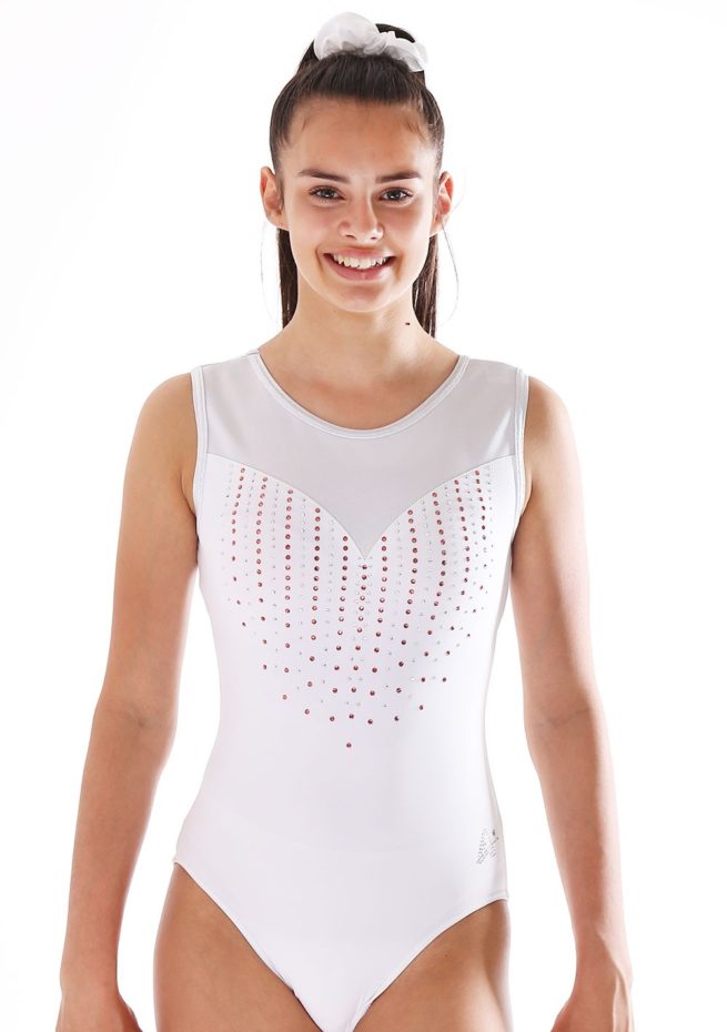 Amberly Z440 White lycra leotard with mesh and orange diamante front1