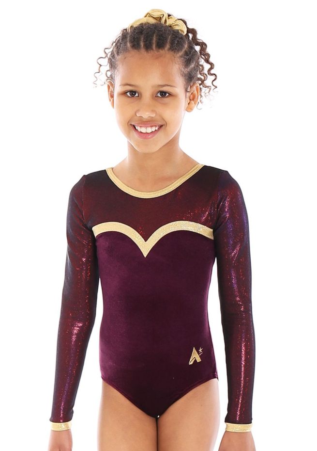 ELOISE L31 Burgundy velour leotard with net and gold detail front 1