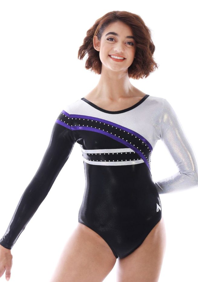 Kennedy K513 black purple and silver long sleeved competition leotard front