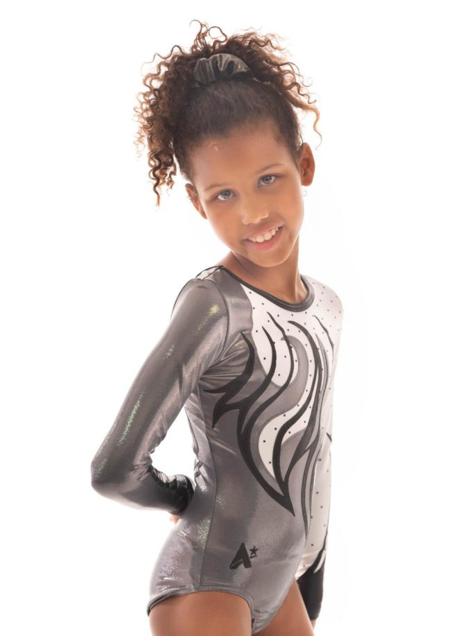 Leah K170 Grey white and black competition leotard side1