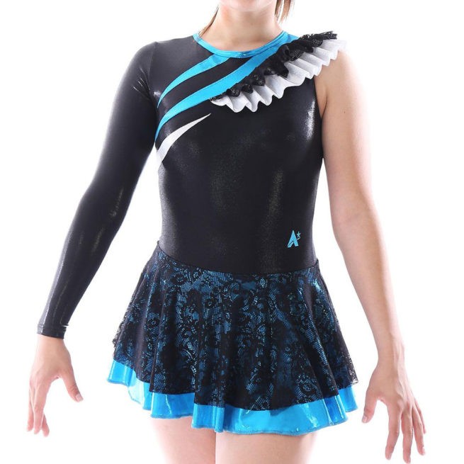 MAJ463 Blue and Black Lace majorette dress skirted leotard gymnastics dress skirted leotard