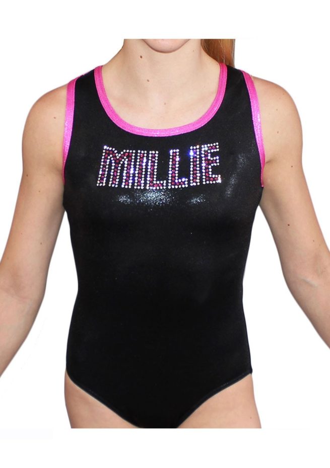 MILLIE Z156 Black and Pink Shimmer leotard with diamante name