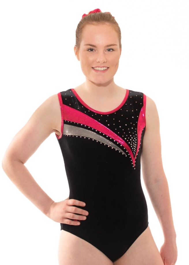 Shay Z451 Pink and Black Velour Sleeveless Leo with diamante front