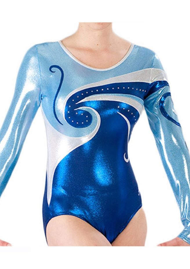 blue swirly girls sleeved gymnastics trampoine club leotard k77s02