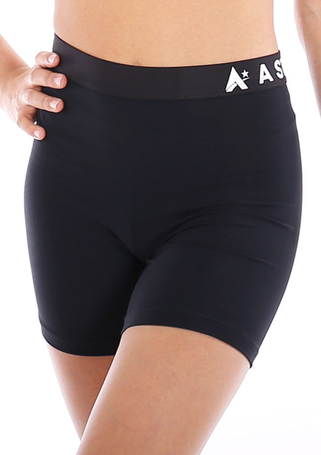 Black lycra gym shorts with waistband main FRONT
