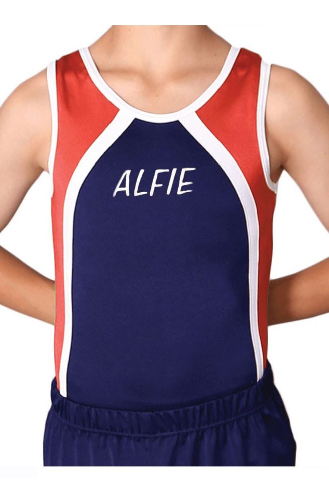 navy red and white named boys leotard personalised