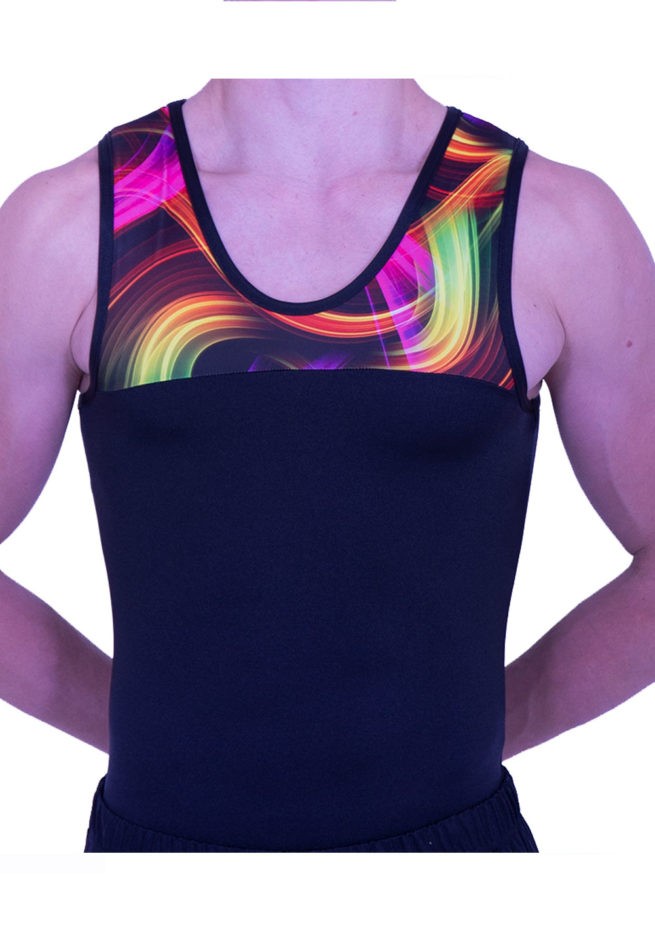 BVZ407J01 L129 black boys gym leo with cool printed pattern fabric section neon lights