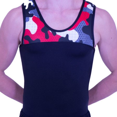 BVZ407J01 L136 black and red camo leotard for boys trampolining