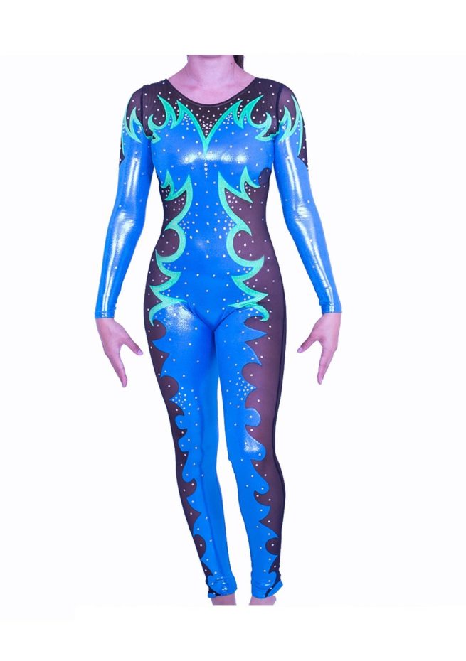 CS540S52 S49D blue and black mesh catuist with diamante competition leotard