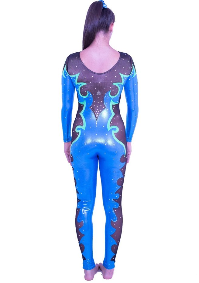 CS540S52 S49D blue and black sleeved mesh catuist with diamante competition leotard