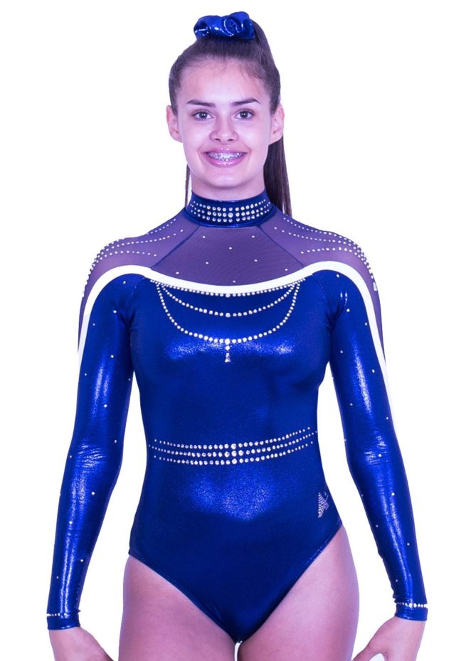 K578S02 A02D high neck sleeved competition leotard navy with net arms 1