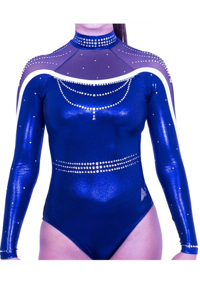 K578S02 A02D ladies high neck sleeved competition leotard navy with net arms 1