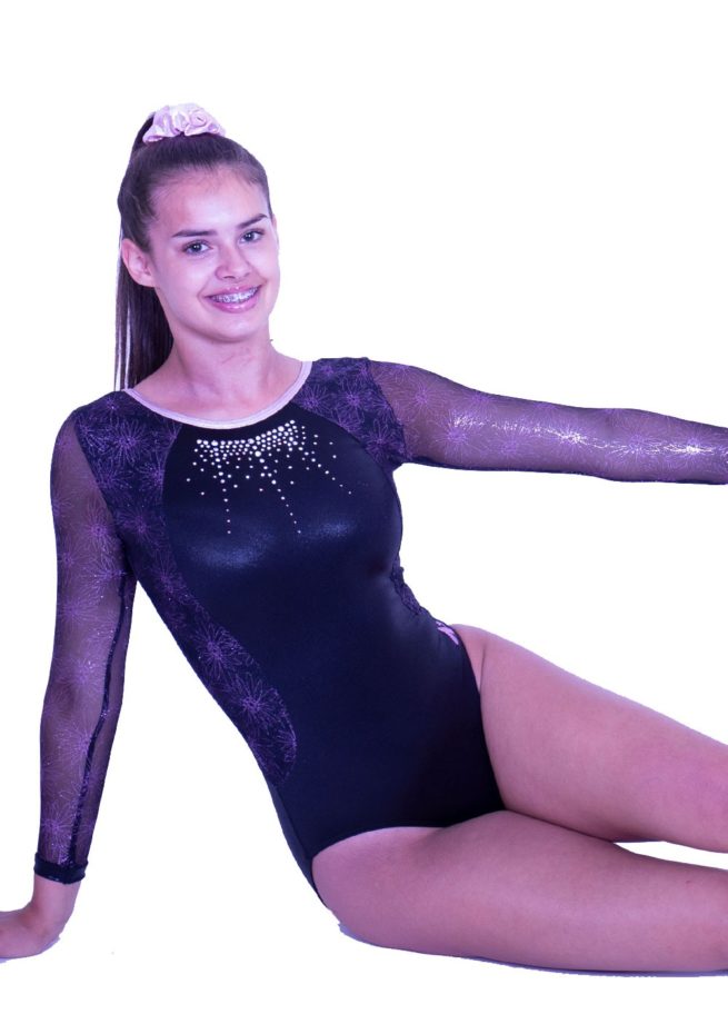 K581S01 P15D long sleeved pink and black mesh leotard with diamante