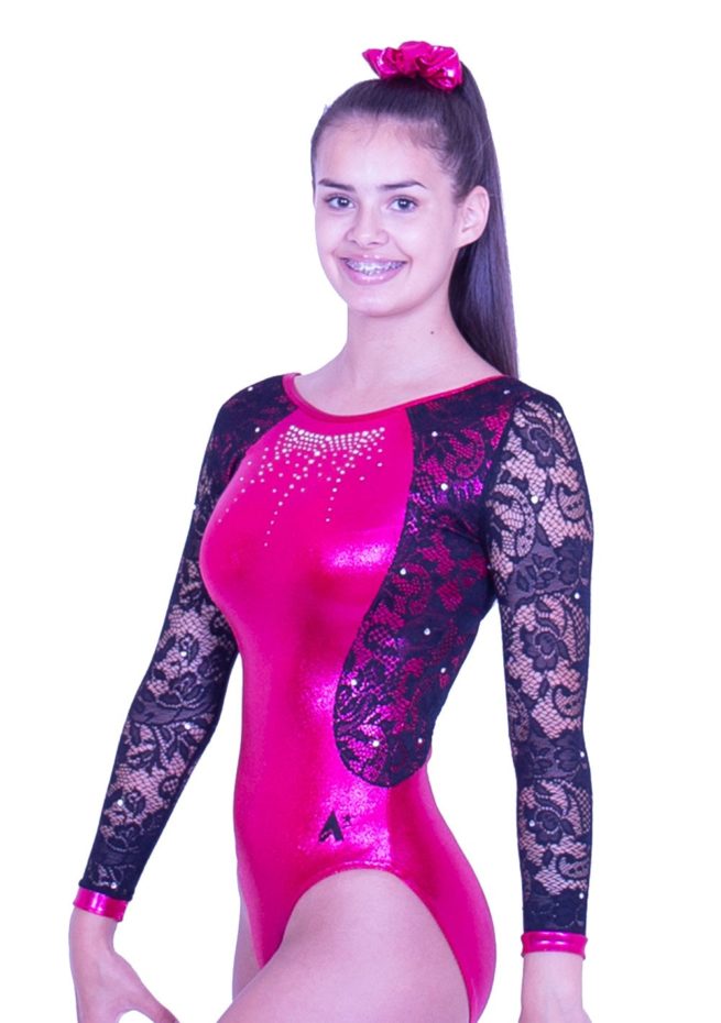K581S25 K01D pink sleeved girls gymnastics leotarrd with net sleeves