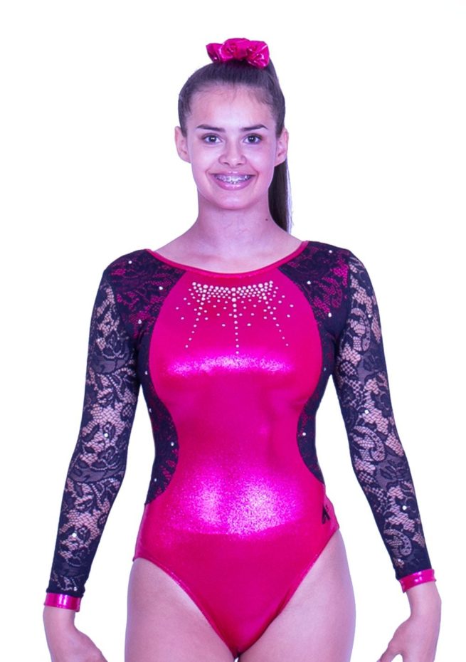 K581S25 K01D pink sleeved gymnastics leotarrd with net sleeves