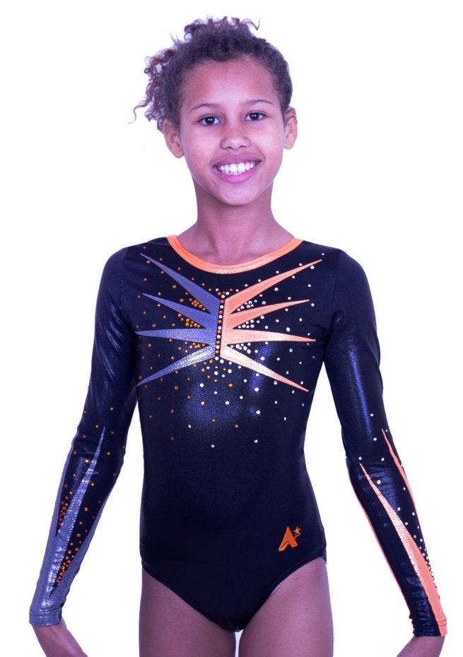 K584S01 S55D sleeved black and orange wow fancy competition leotard with gems