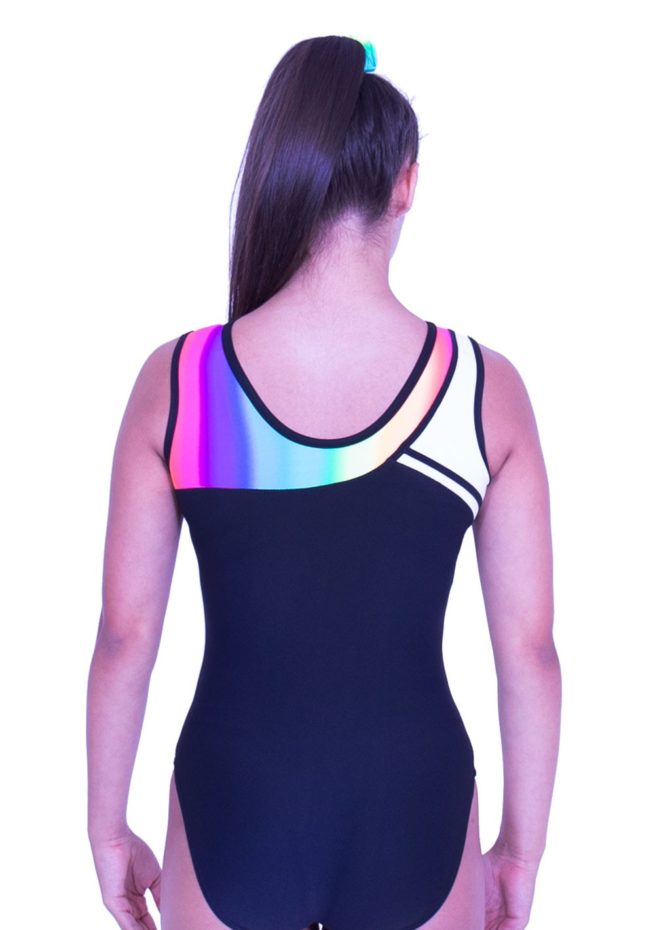 S52N01 L127D black lycra leotard with rainbow fabric lycra top and gems