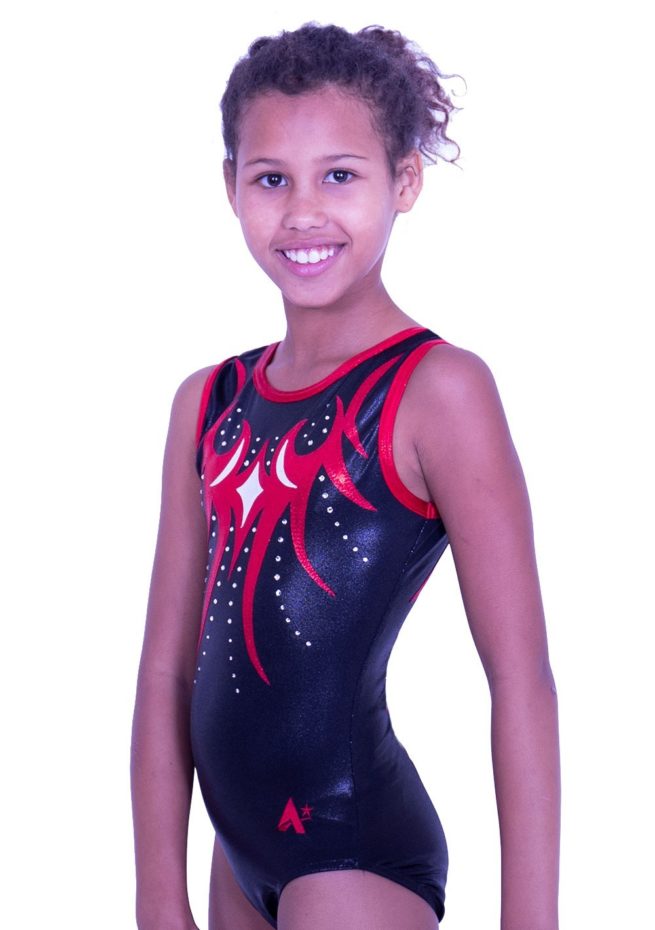 Z262S01 S51D black red and silver leotard with diamante gems