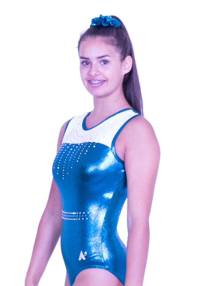 Z407S44 J11D girls gymnastics leotard shimmer green and white with diamante