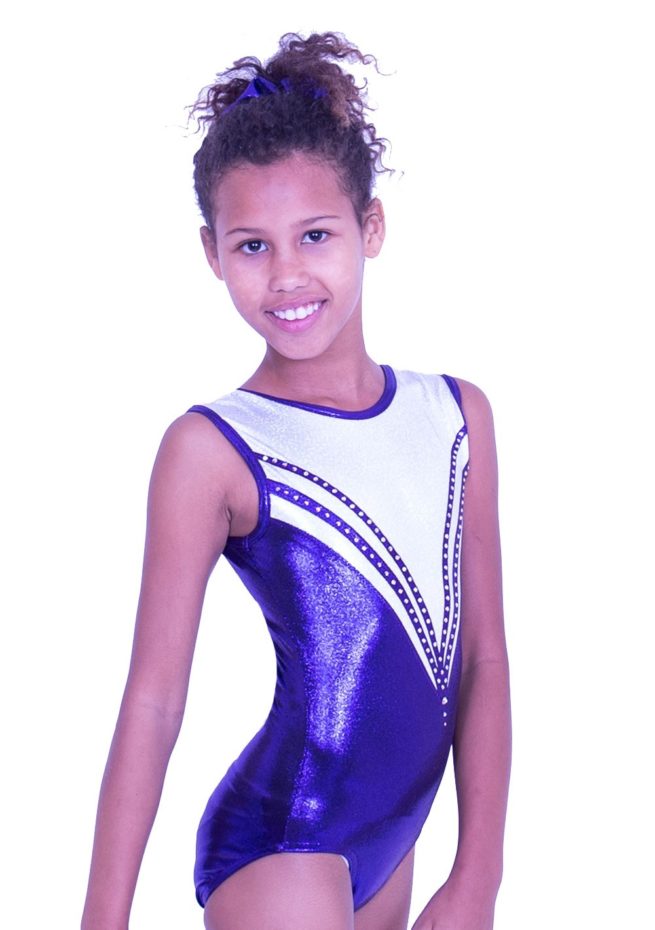 Z559S07 S69D girls sleeveless gymnastics leo purple and white silver with diamante