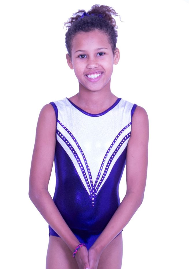 Z559S07 S69D purple girls sleeveless gymnastics leotard with silver holo top and diamante