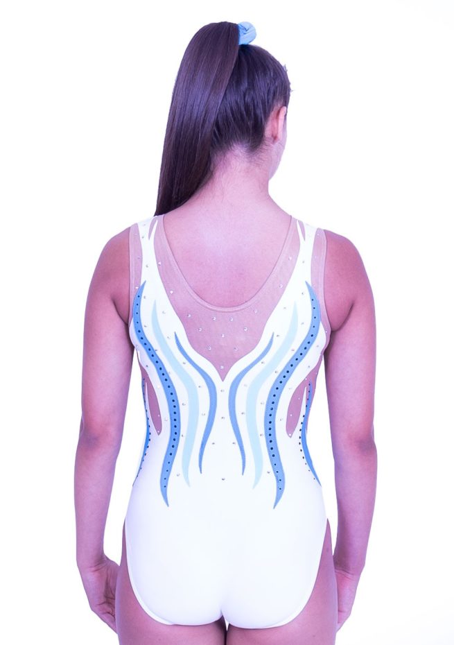Z567J11 N52D white competition leotard with blue swirls and diamante