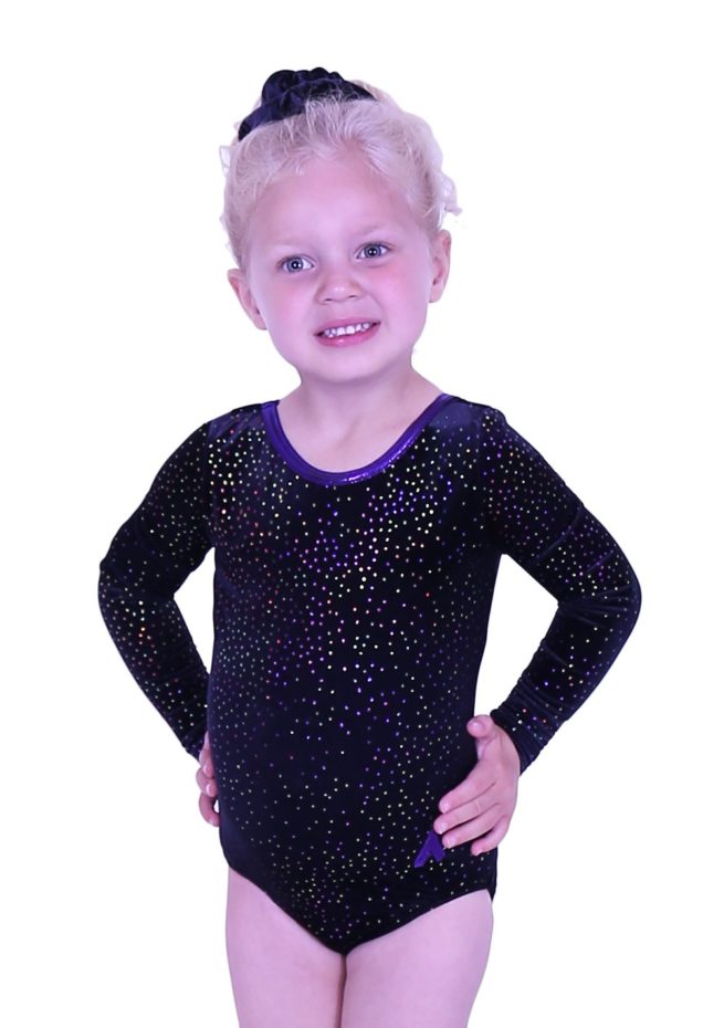 girls black velour leotard with sparkly pattern