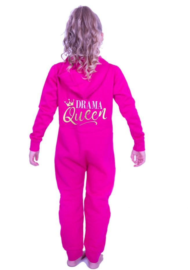 pink girls all in one with drama queen slogan print in gold