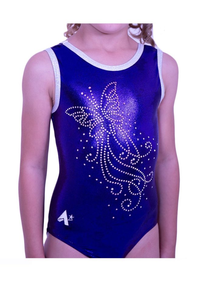 purple leotards for girls with butterfly diamante pattern
