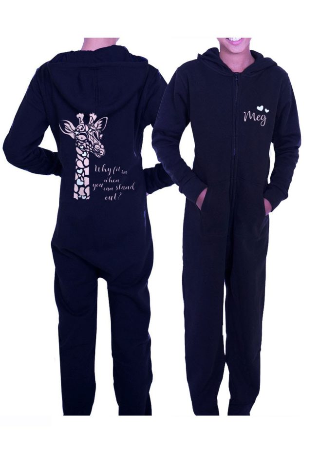 unisex black onesie personalised with giraffe print