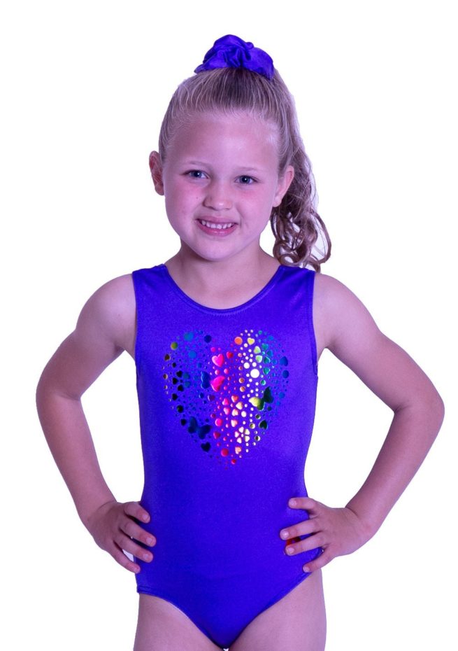 Girls purple lycra gymnastics leotard with heart design