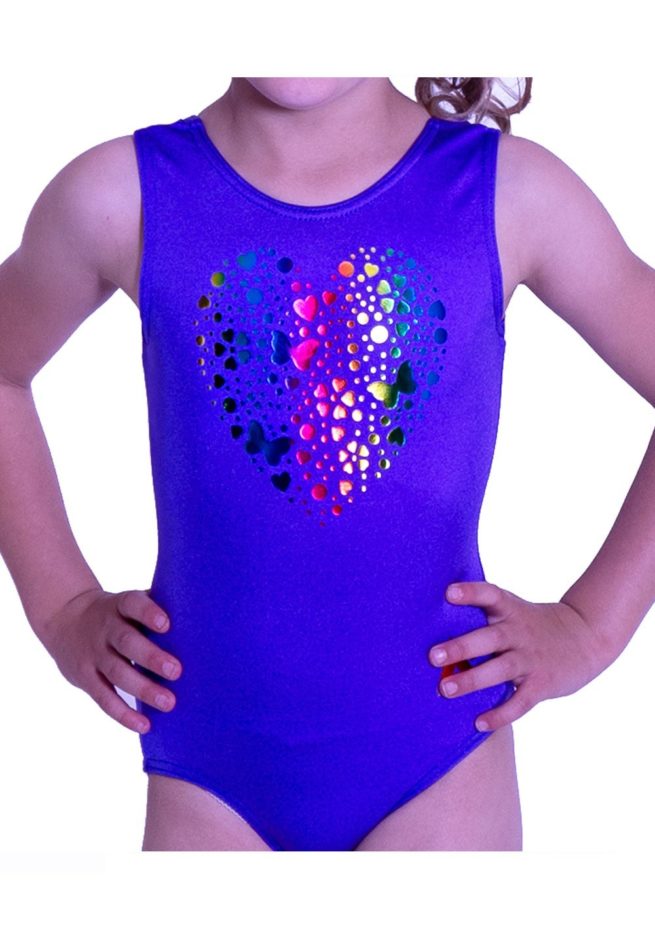 purple leotard for gymnastics with heart motif girls