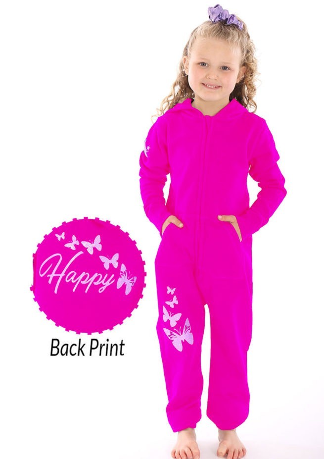 pink girls onesie with happy butterfly print