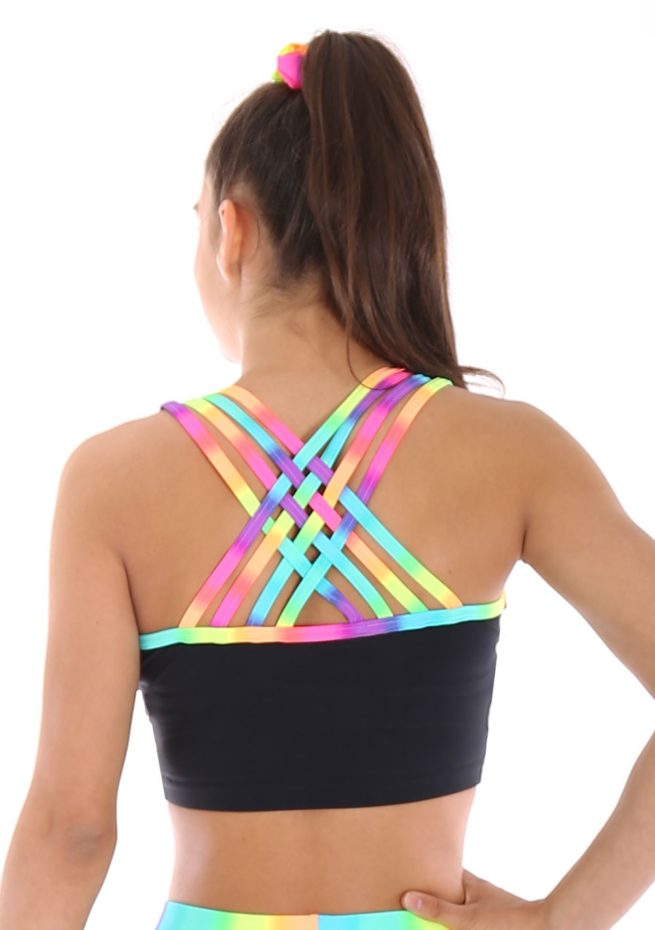 Black lycra crop top with Rainbow binding strap back back