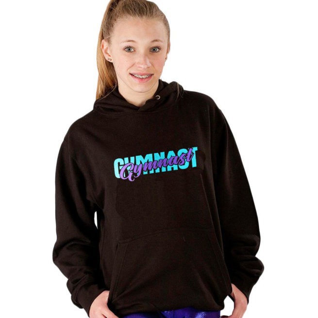 black hoodie with purple slogan gymnast print
