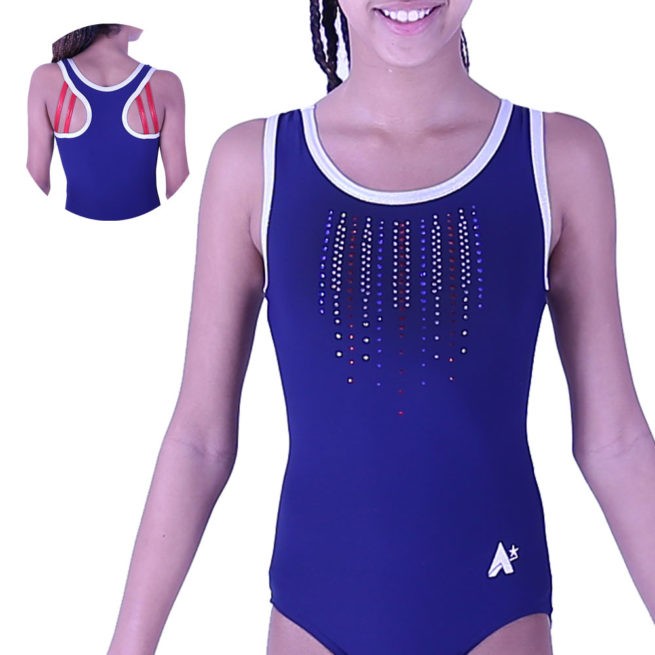 Navy lycra leotard with racer back and diamante fmain