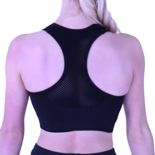 black lycra crop top with mesh front sports bra back