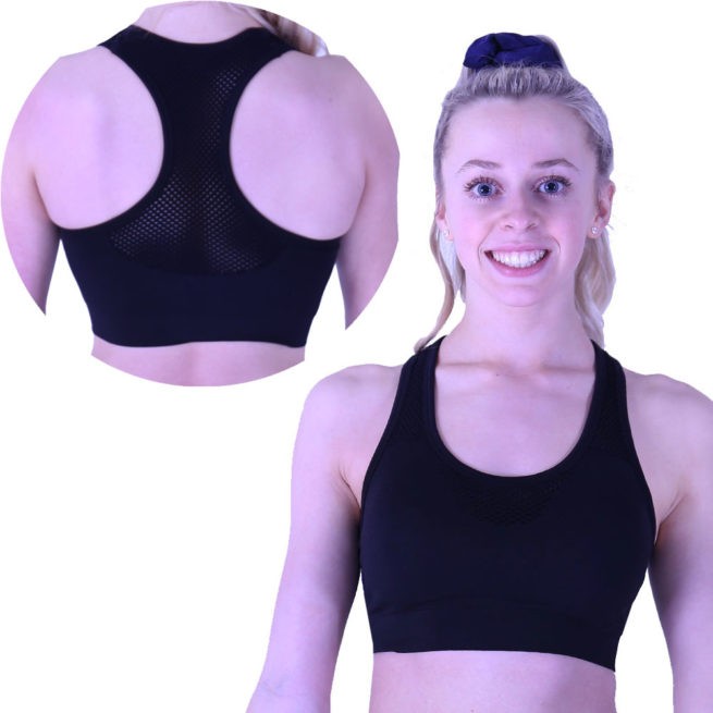 black lycra crop top with mesh front sports bra main