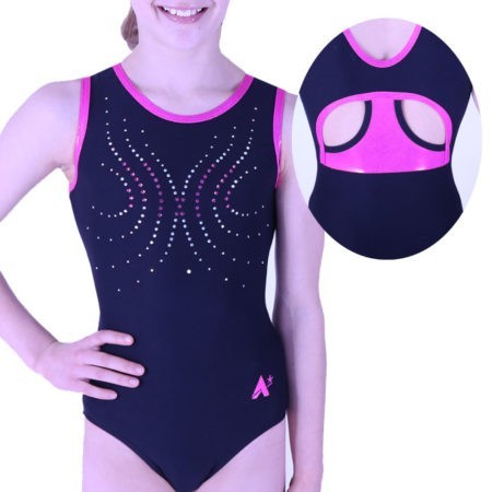 black lycra leotard with open back and diamante main