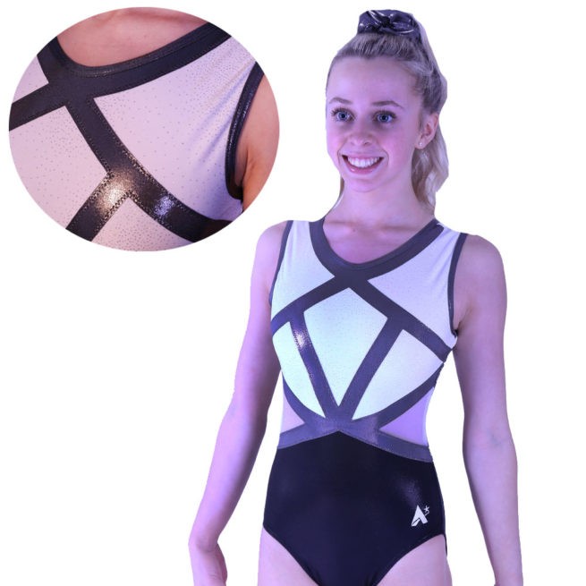 black shimmer leotard with glittermist white fabric and mesh sides main