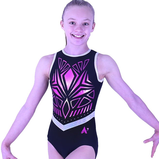 high neck girls printed black and pink gymnastics leotard front