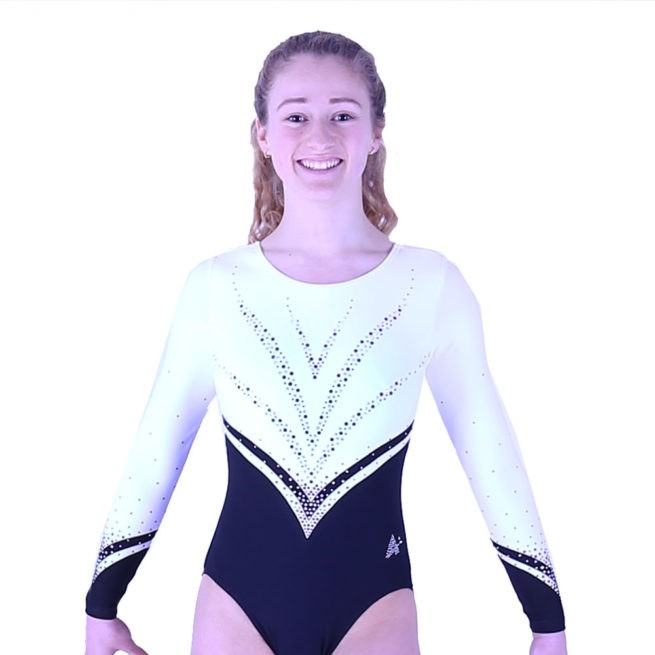lycra black and white monochrome comeptition leotard with diamante front