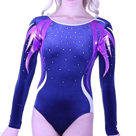 navy velour sleeved leotard with shimmer detail and diamaante main